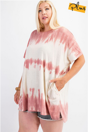 Tie dye Tee with Pockets in Mauve/Cream