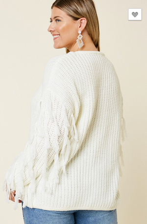 Fringe Knit Pullover Sweater in Cream