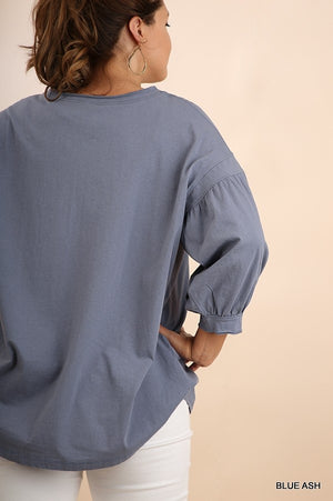 Balloon Sleeve Tee with Scoop Neck in Ash Blue