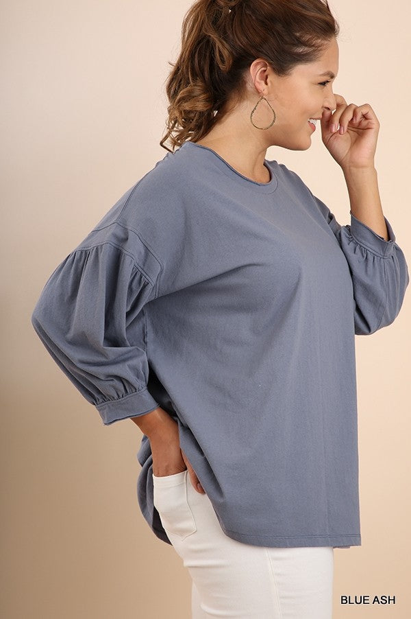 Balloon Sleeve Tee with Scoop Neck in Ash Blue