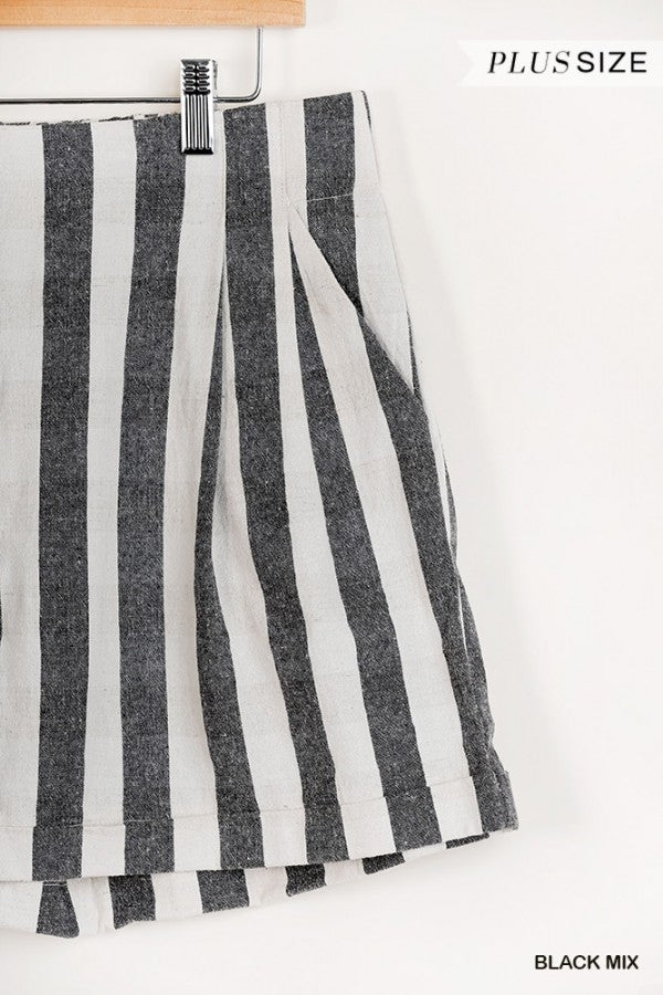 Striped High Waist Button Shorts in Black