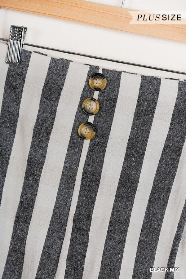 Striped High Waist Button Shorts in Black