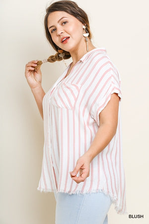 Striped Collared Button Up with Raw Hem in Blush/Cream